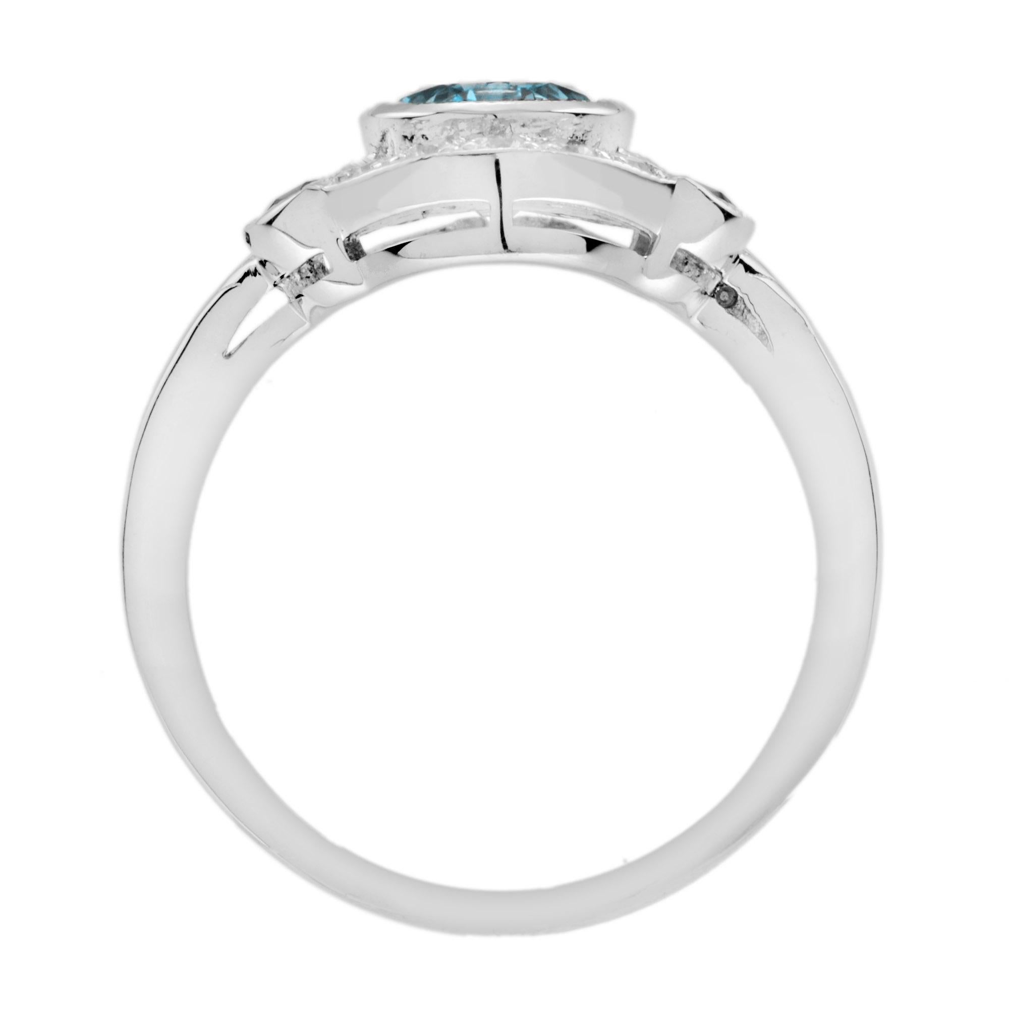London Blue Topaz Diamond Onyx Art Deco Style Ring in 14K White Gold For Sale 1