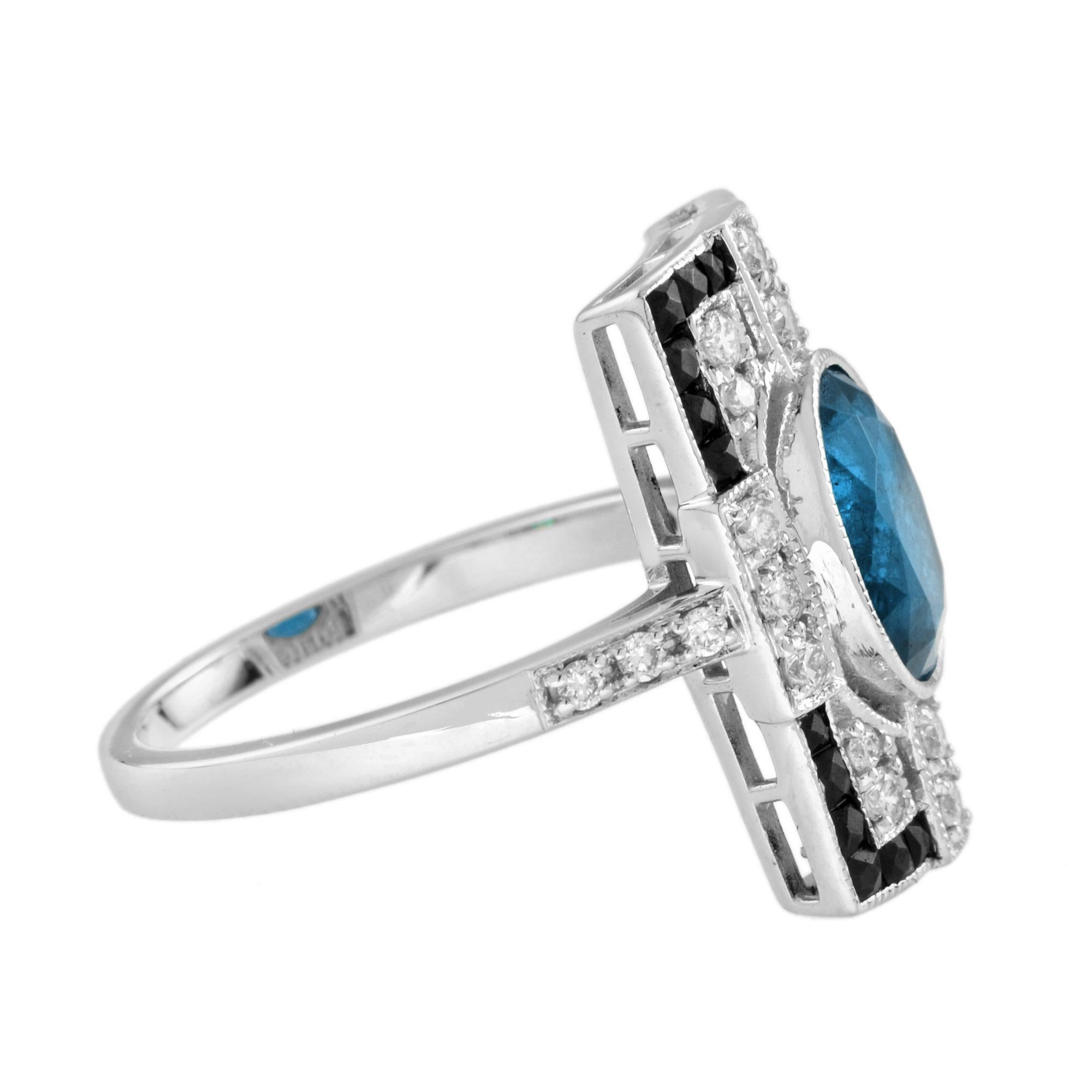 London Blue Topaz Diamond Onyx Art Deco Style Ring in 18K White Gold In New Condition For Sale In Bangkok, TH