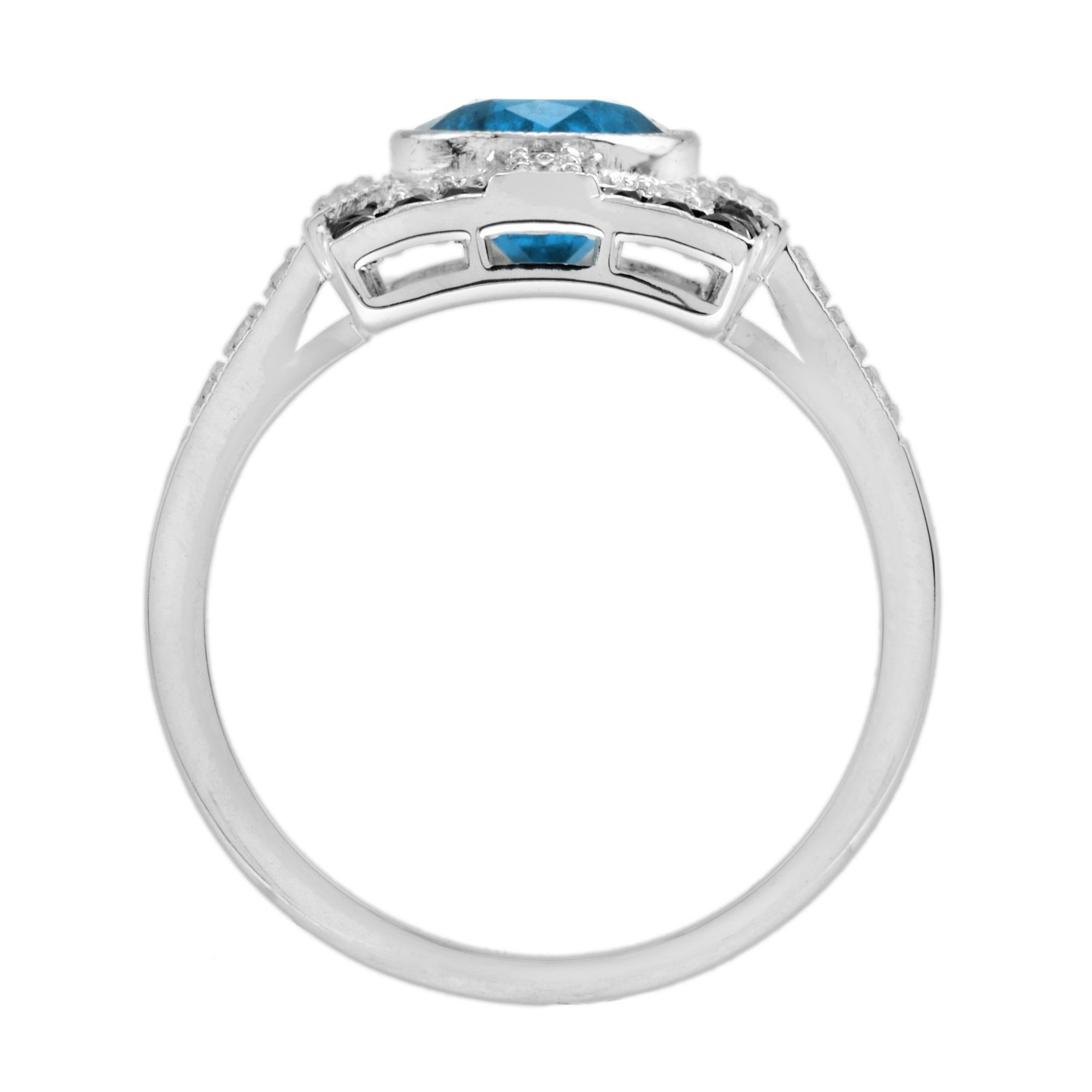 London Blue Topaz Diamond Onyx Art Deco Style Ring in 18K White Gold For Sale 1