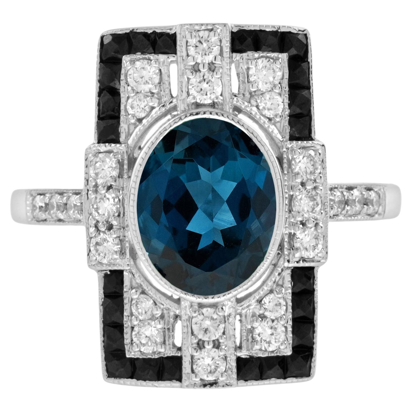 Bague de style Art déco Londres en or blanc 18 carats, topaze bleue, diamant, onyx et onyx