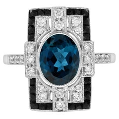 London Blue Topaz Diamond Onyx Art Deco Style Ring in 18K White Gold