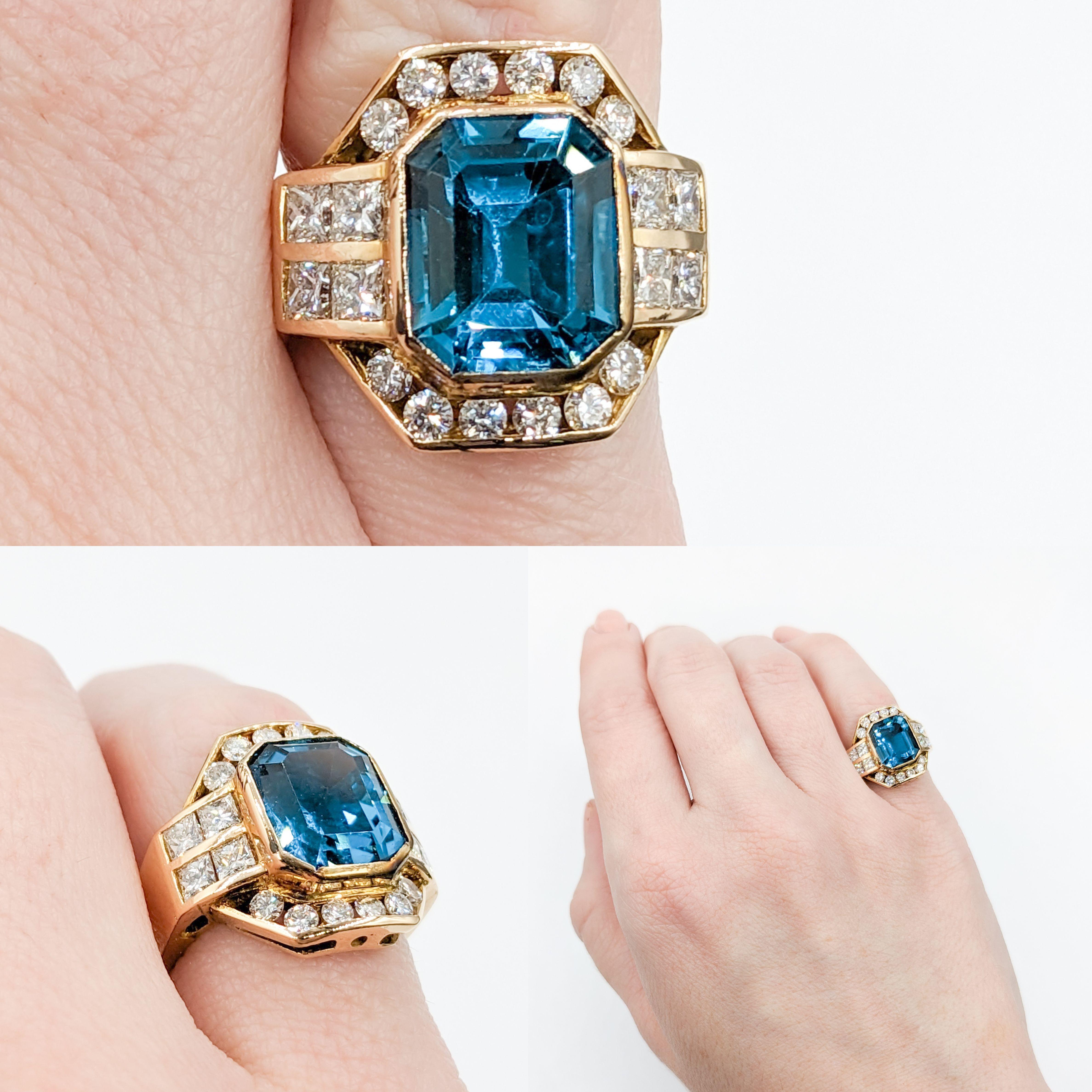 London Blue Topaz & Diamond Ring in 21k Gold

Crafted in 21k yellow gold, this elegant piece showcases a remarkable 1.0 carat total weight of round and princess cut diamonds, characterized by their sparkling brilliance, SI2 clarity, and G-H color.