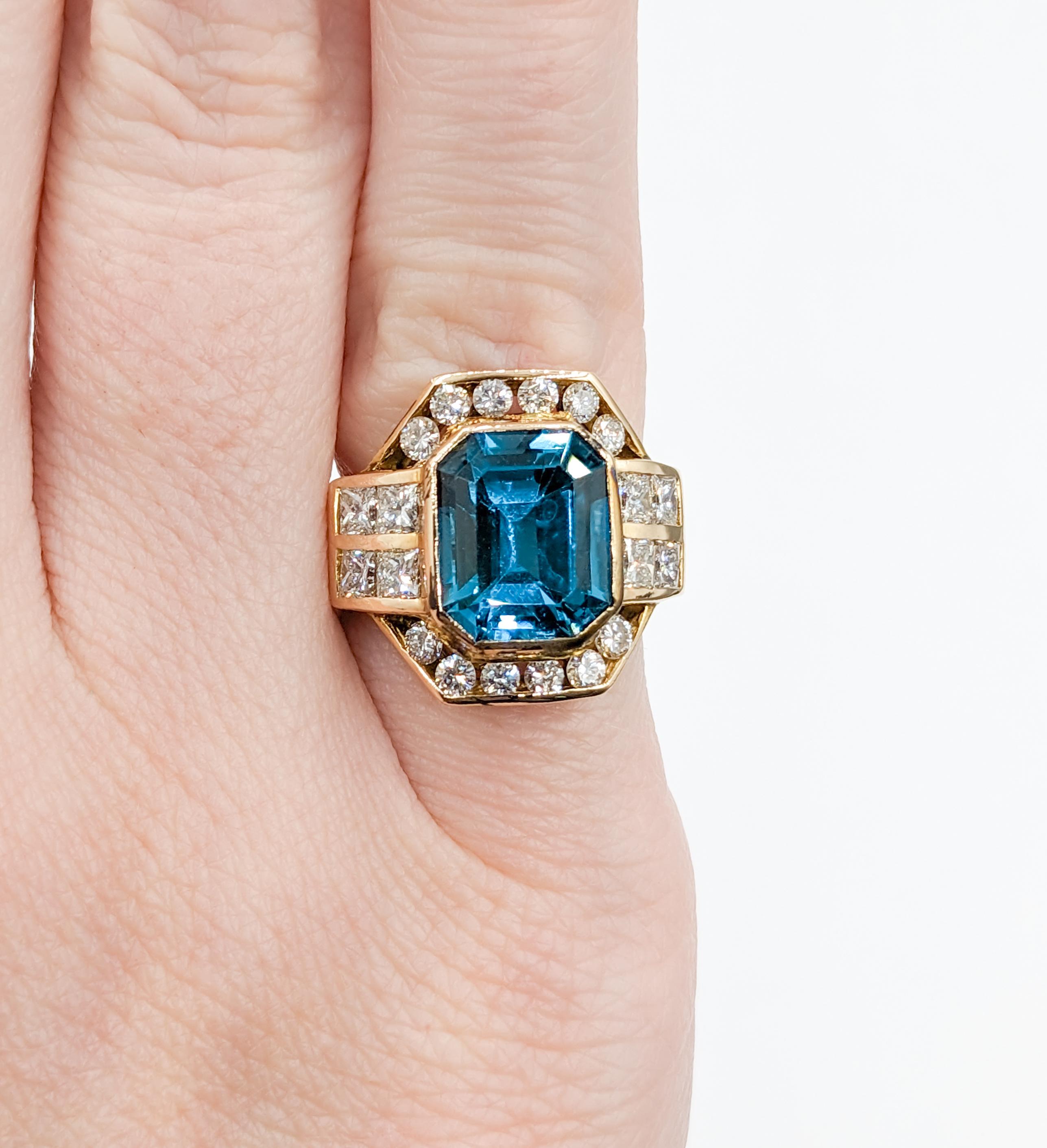 Modern London Blue Topaz & Diamond Ring in 21k Gold For Sale