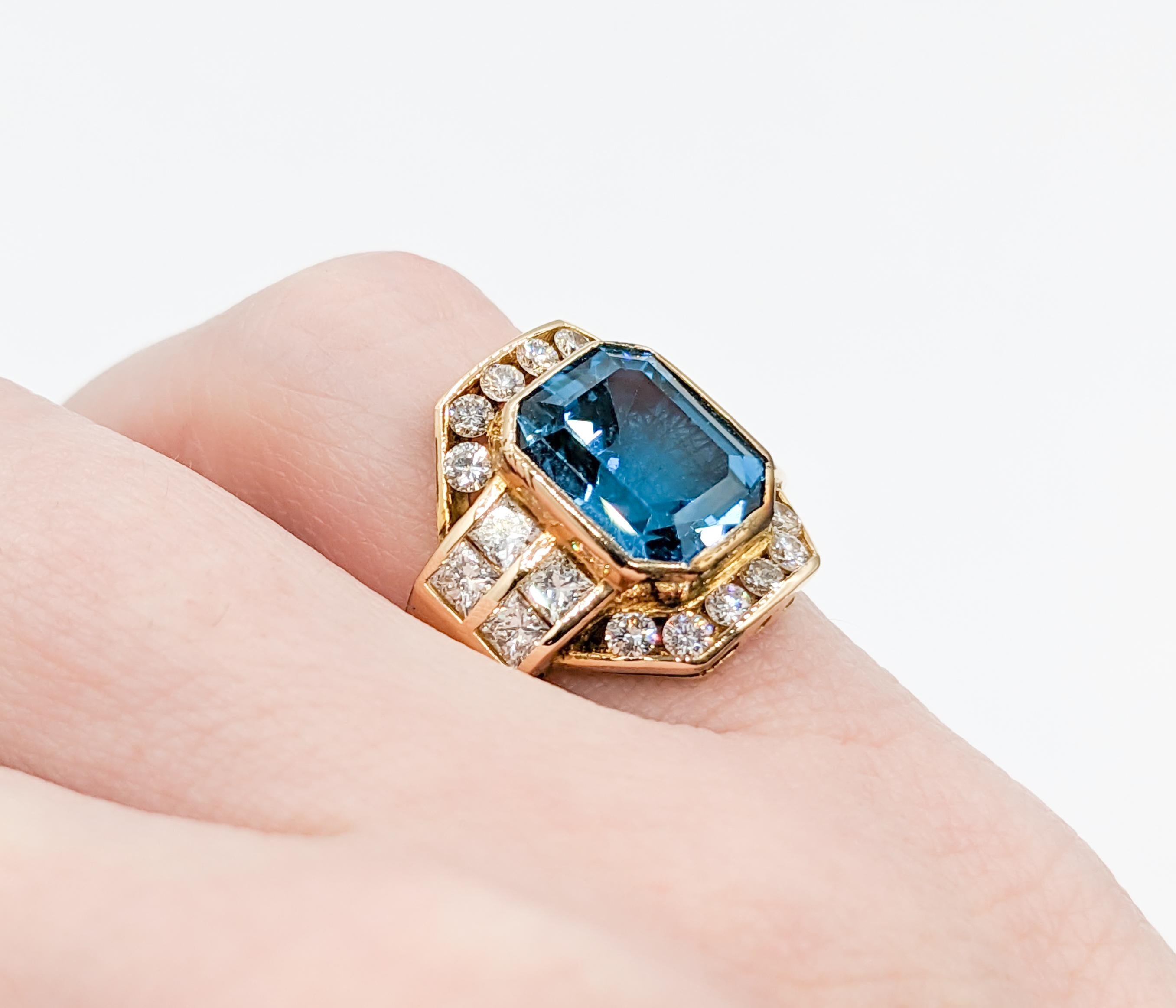 Emerald Cut London Blue Topaz & Diamond Ring in 21k Gold For Sale