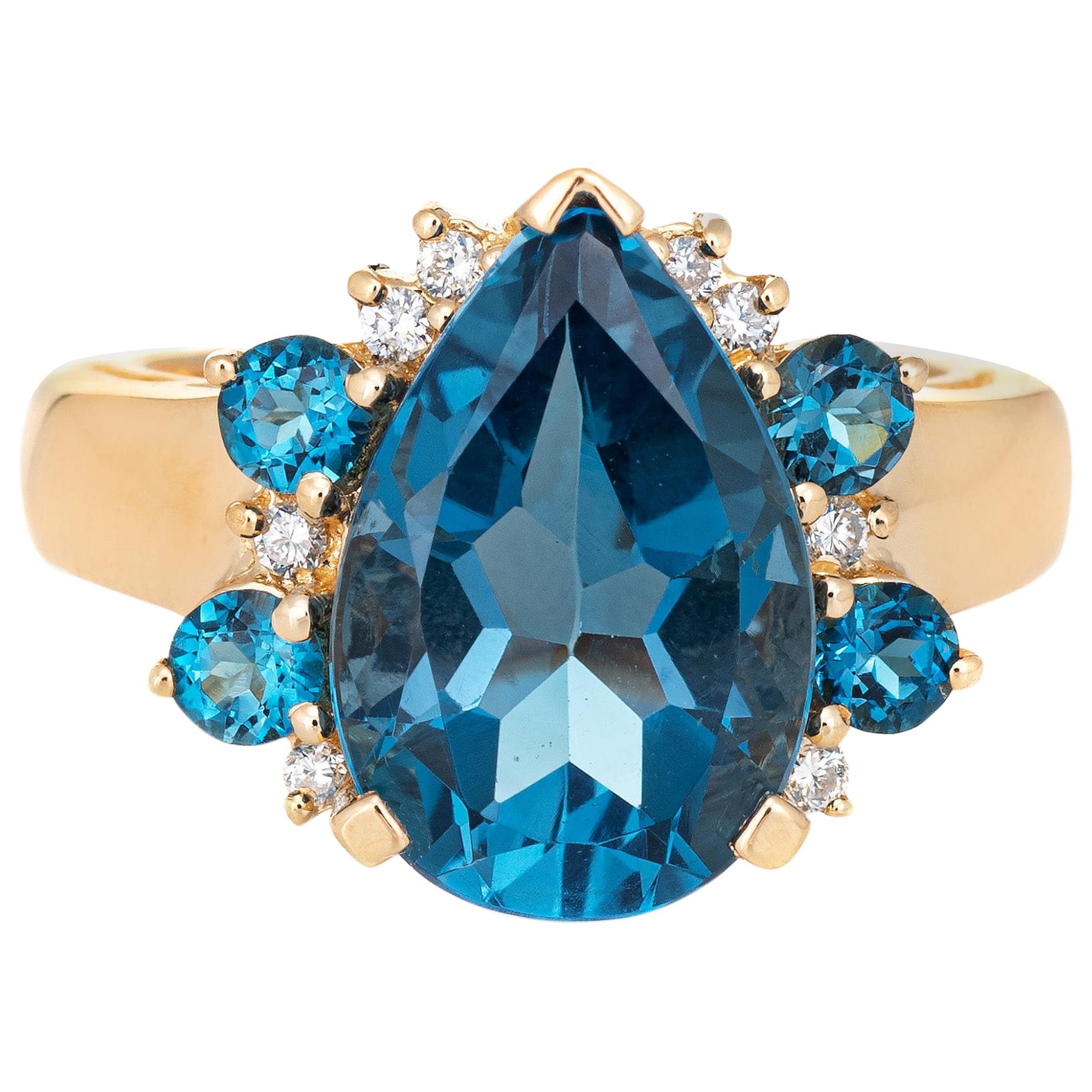 London Blue Topaz Diamond Ring Vintage 14 Karat Gold Pear Cut Estate Jewelry