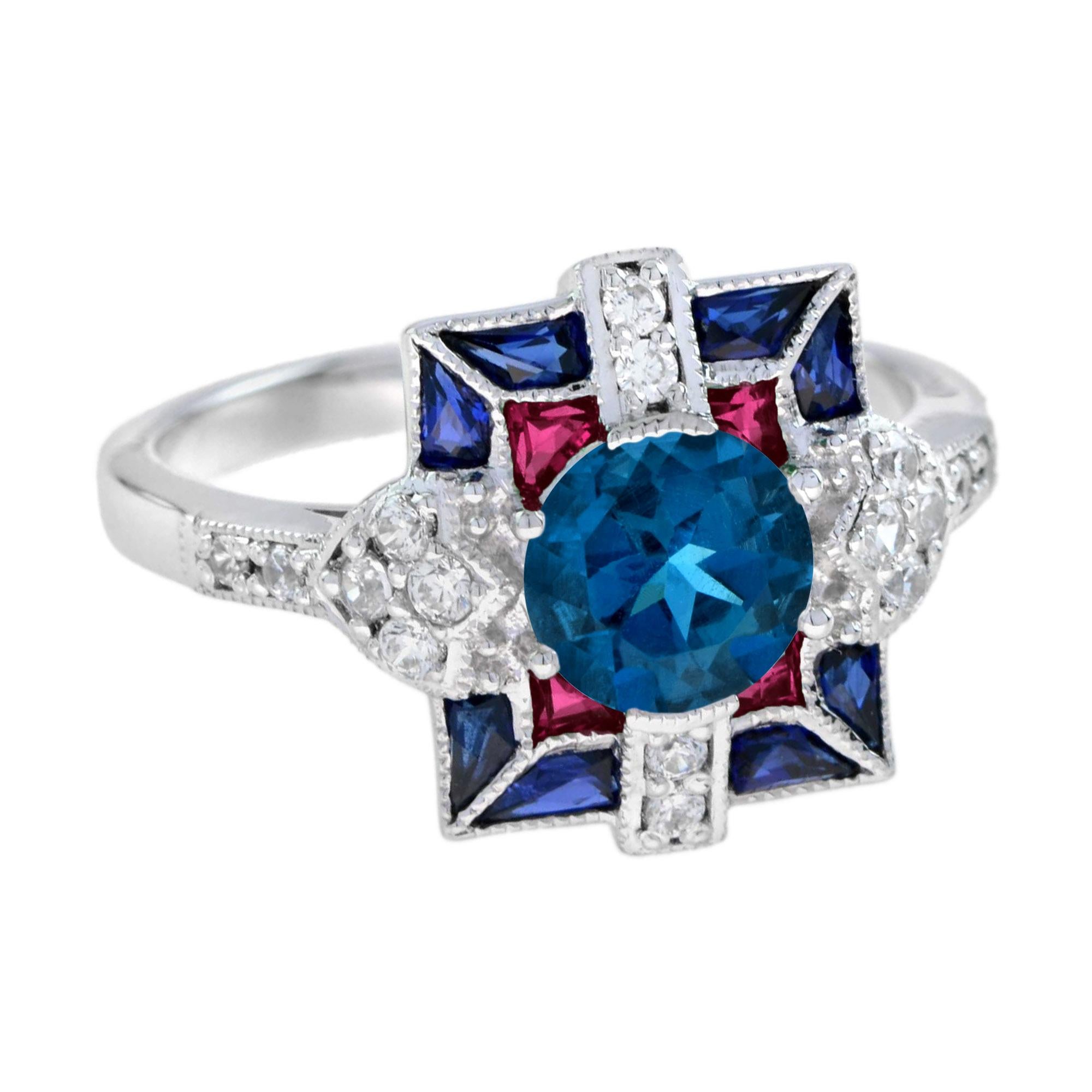 This is a stunning multi gemstones ring and one that would make a unique engagement ring as well. Made in 18k white gold in style and design reminiscent of Art Deco era, the design of this ring has a wonderful geometric design. The ring is set with