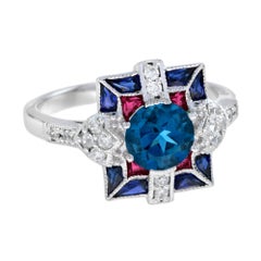 London Blue Topaz Diamond Ruby Sapphire Art Deco Style Ring in 18K White Gold