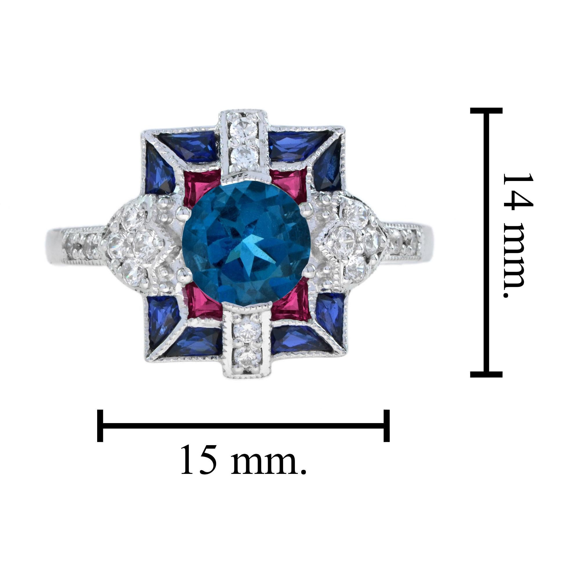 Round Cut London Blue Topaz Diamond Ruby Sapphire Art Deco Style Ring in 18K White Gold