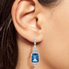 London Blue Topaz Diamond Step Art Deco Style Drop Earrings in 14K White Gold