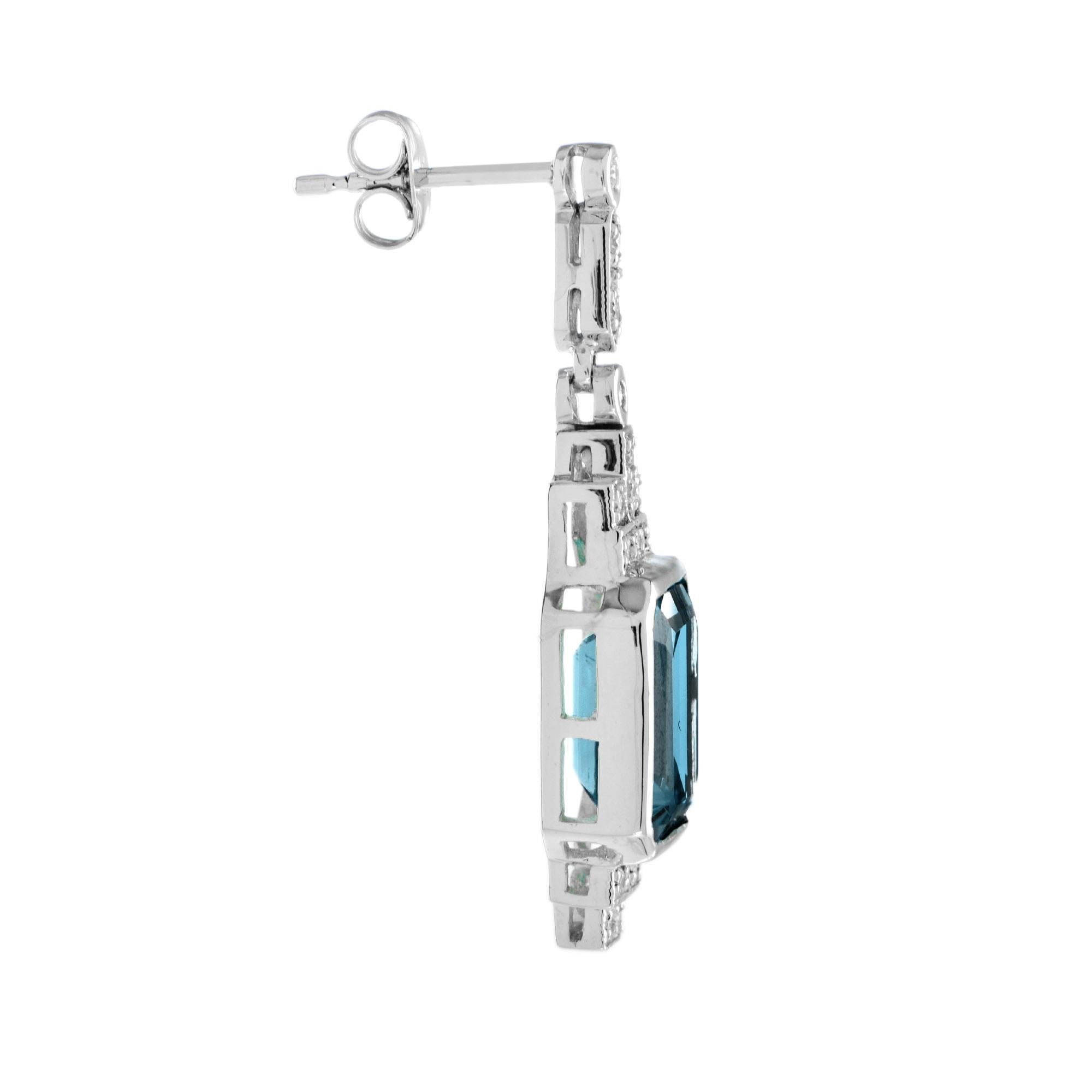 Emerald Cut London Blue Topaz Diamond Step Art Deco Style Drop Earrings in 14K White Gold For Sale