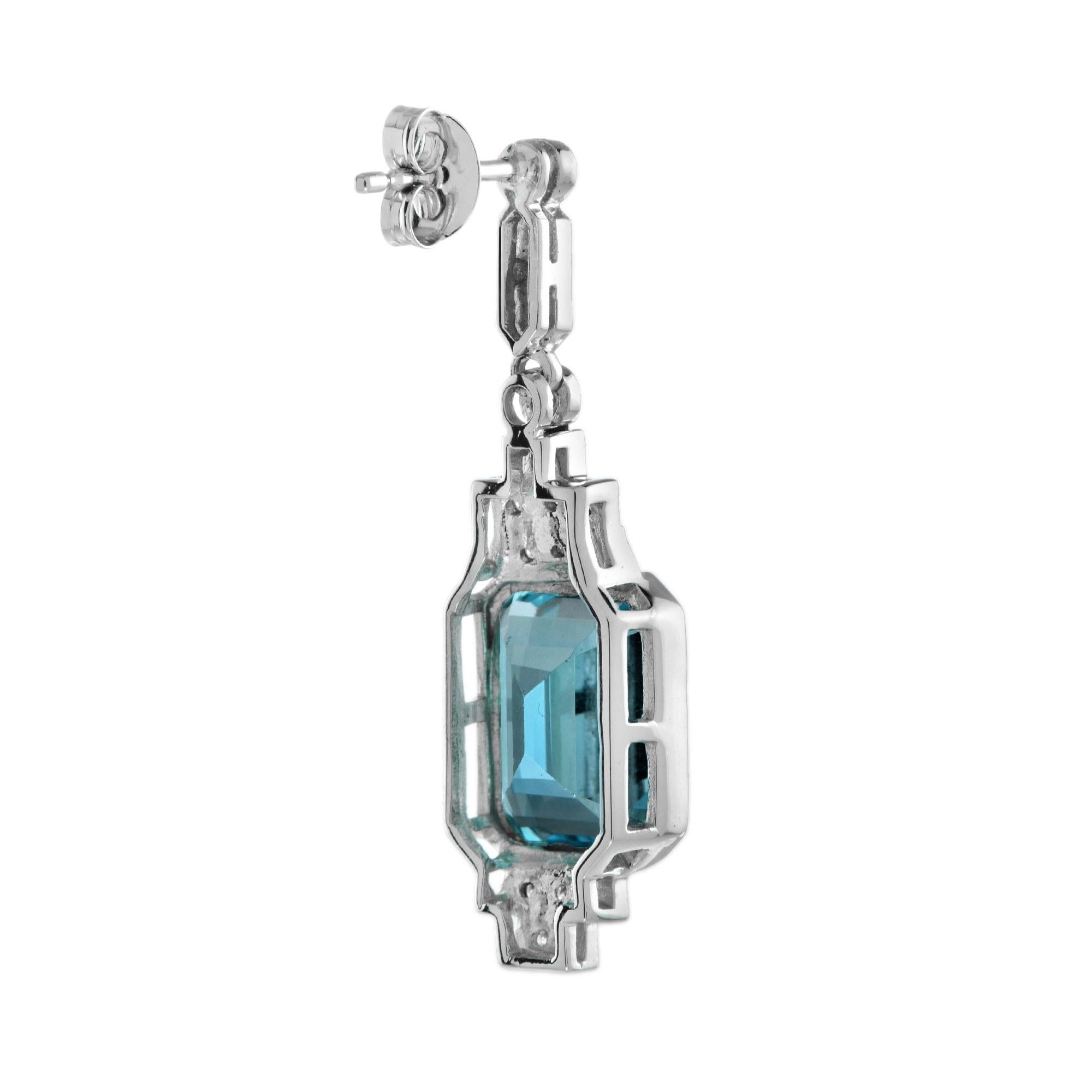 London Blue Topaz Diamond Step Art Deco Style Drop Earrings in 14K White Gold In New Condition For Sale In Bangkok, TH