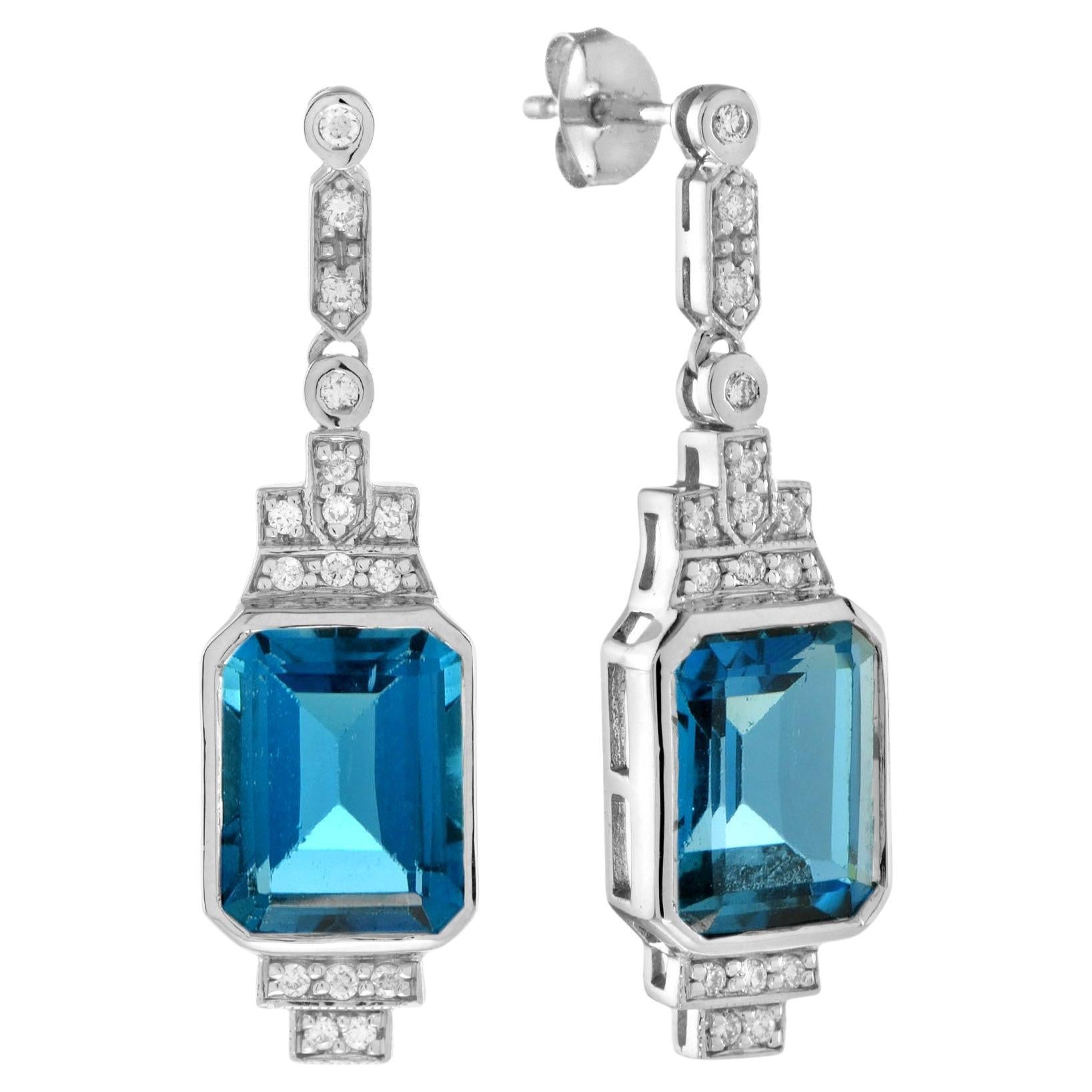London Blue Topaz Diamond Step Art Deco Style Drop Earrings in 14K White Gold For Sale