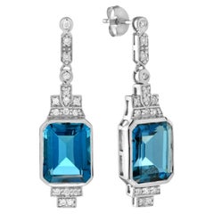 Pendientes de gota estilo Art Déco con diamantes y topacio azul de Londres en oro blanco de 14 quilates