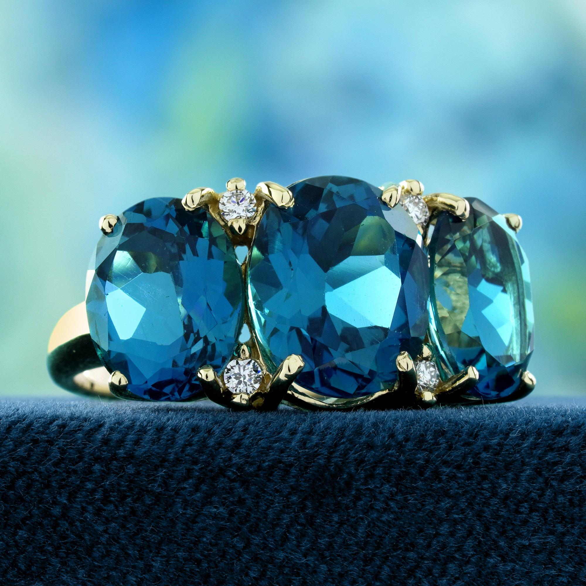 Edwardian London Blue Topaz Diamond Vintage Style Three Stone Ring 14K Yellow Gold For Sale