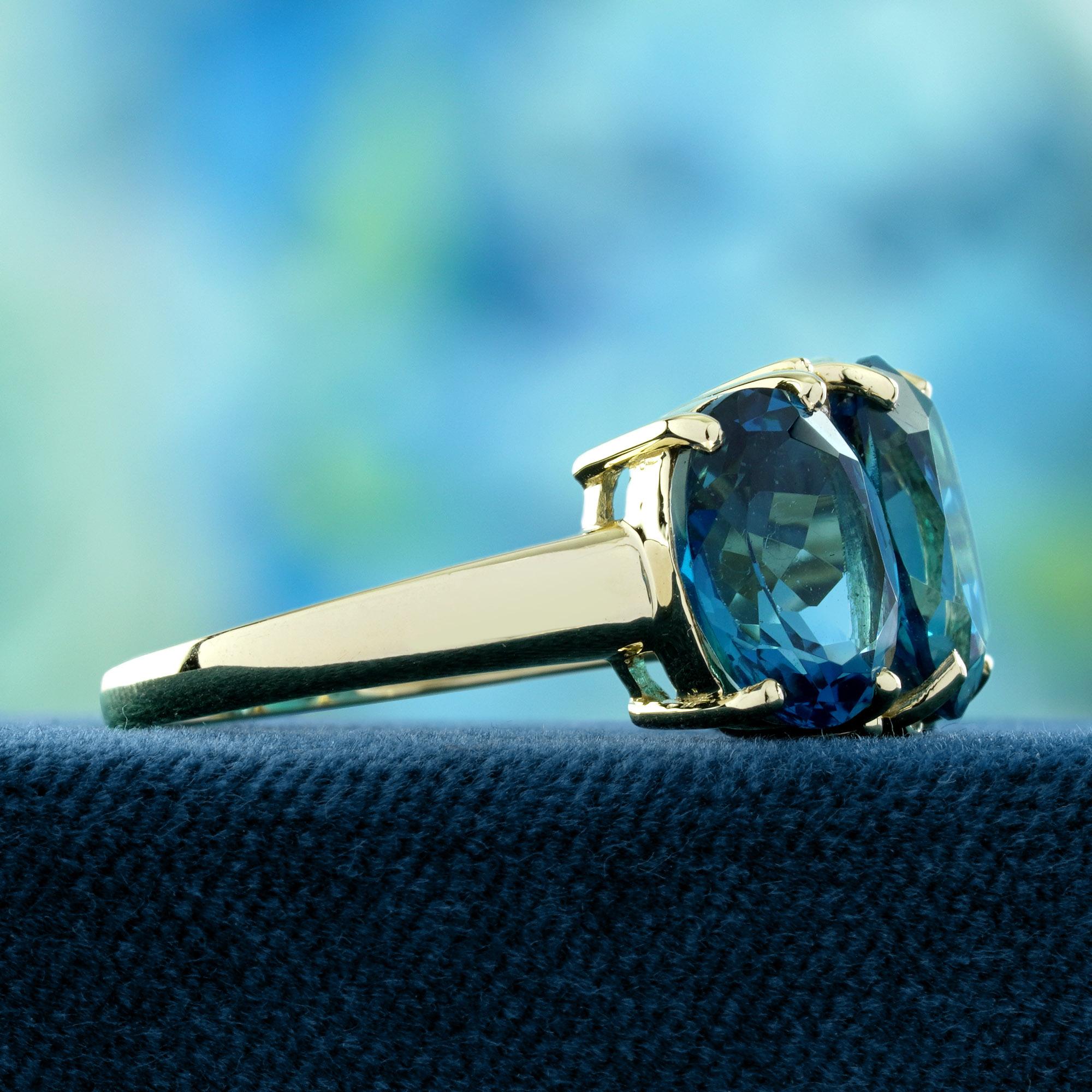 Oval Cut London Blue Topaz Diamond Vintage Style Three Stone Ring 14K Yellow Gold For Sale