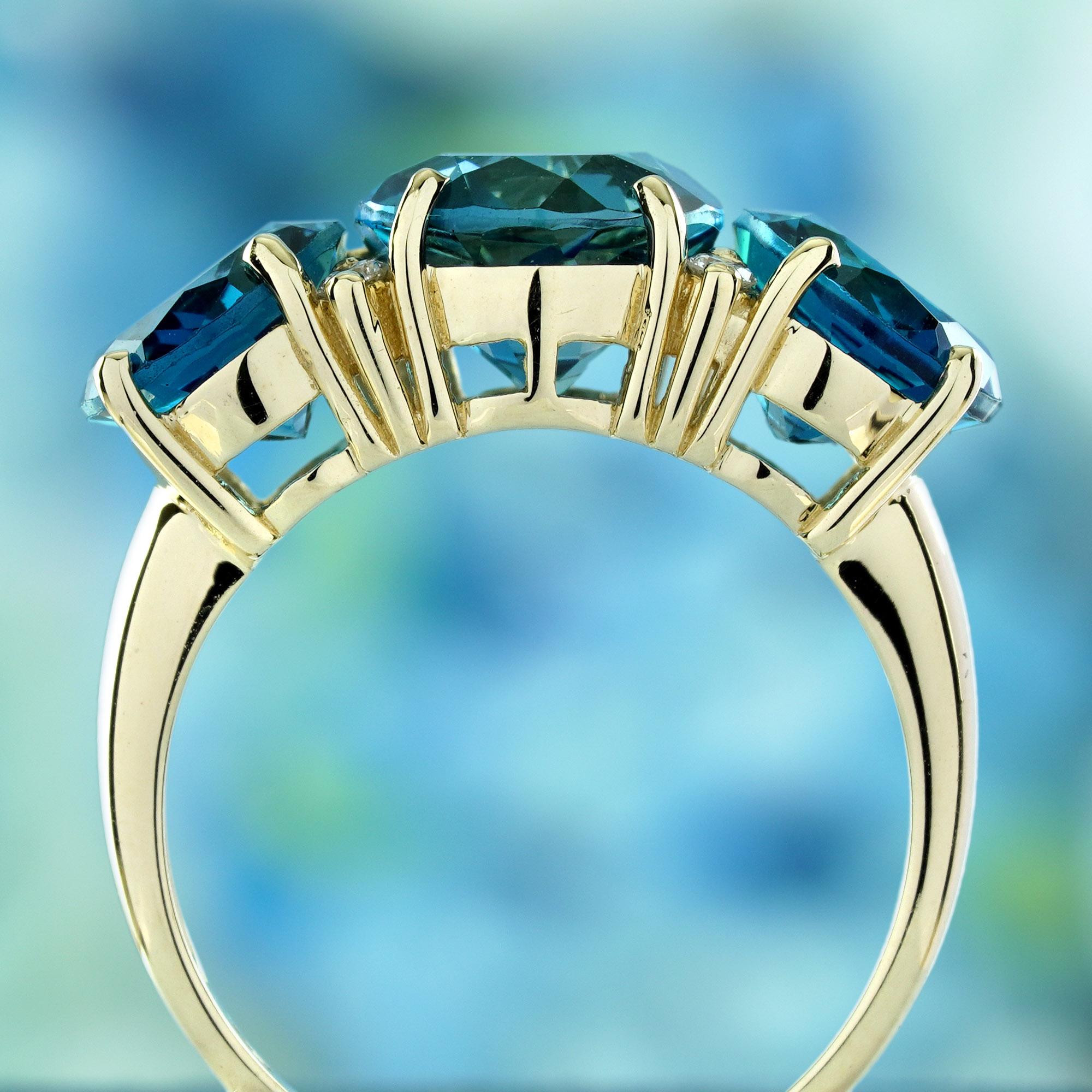 London Blue Topaz Diamond Vintage Style Three Stone Ring 14K Yellow Gold In New Condition For Sale In Bangkok, TH