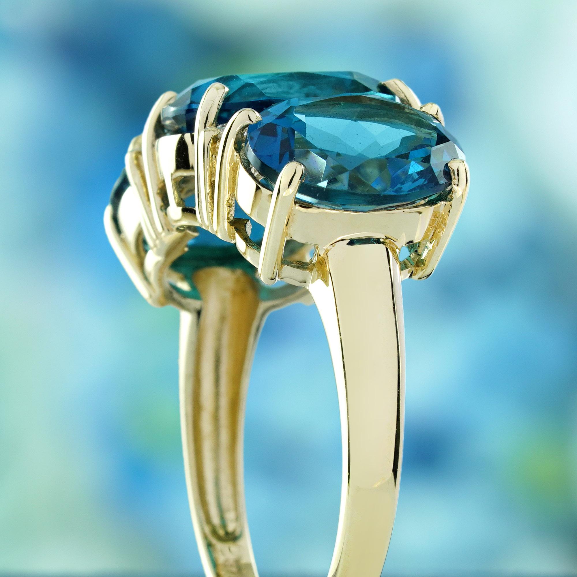 Women's London Blue Topaz Diamond Vintage Style Three Stone Ring 14K Yellow Gold For Sale