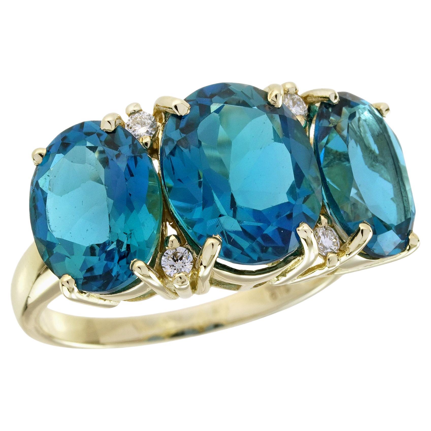 London Blauer Topas Diamant Vintage-Ring mit drei Steinen im Vintage-Stil 14K Gelbgold