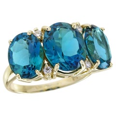 London Blauer Topas Diamant Vintage-Ring mit drei Steinen im Vintage-Stil 14K Gelbgold