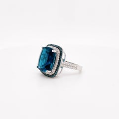 London Blue Topaz Double Halo Ring .50 Ct White & Blue Diamonds 14K White Gold