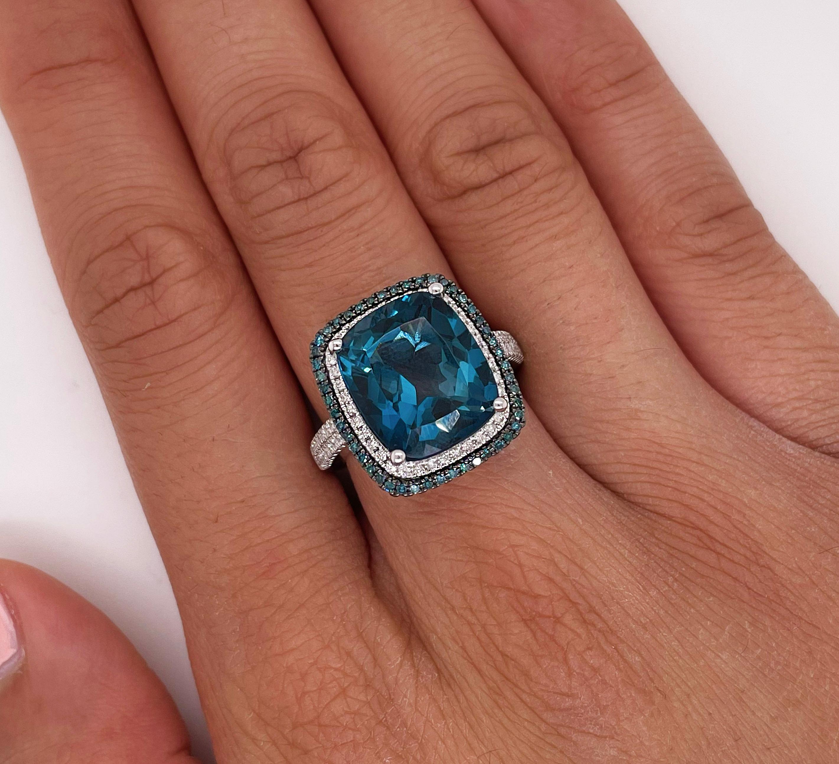 For Sale:  London Blue Topaz Double Halo Ring .50 Ct White & Blue Diamonds 14K White Gold 4