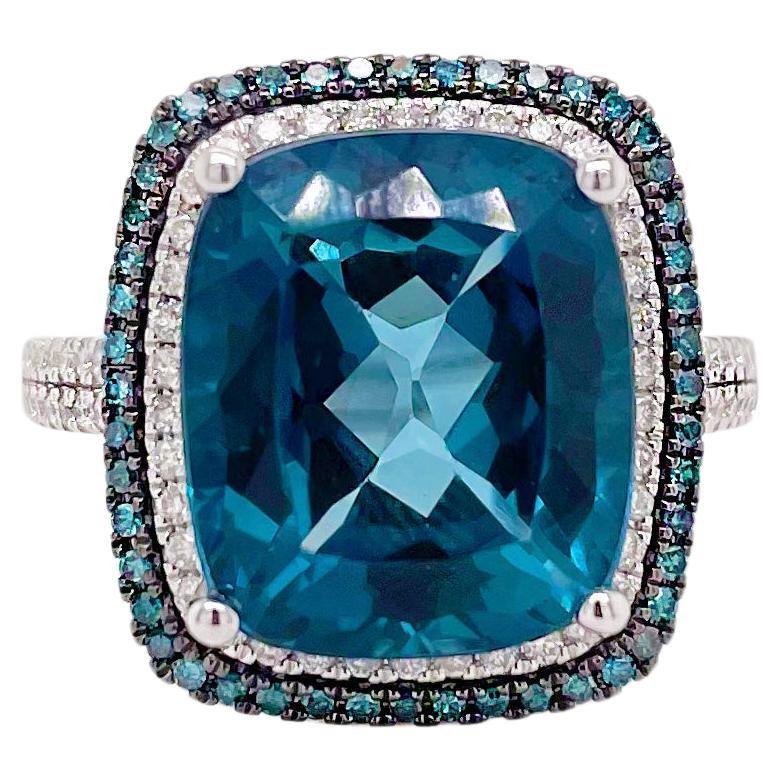 London Blue Topaz Double Halo Ring .50 Ct White & Blue Diamonds 14K White Gold