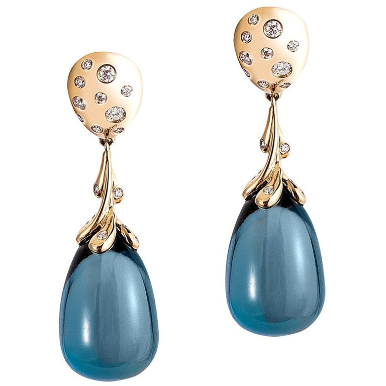 London Blue Topaz Drops Earring with Diamonds and Omega Clips For Sale at 1stdibs