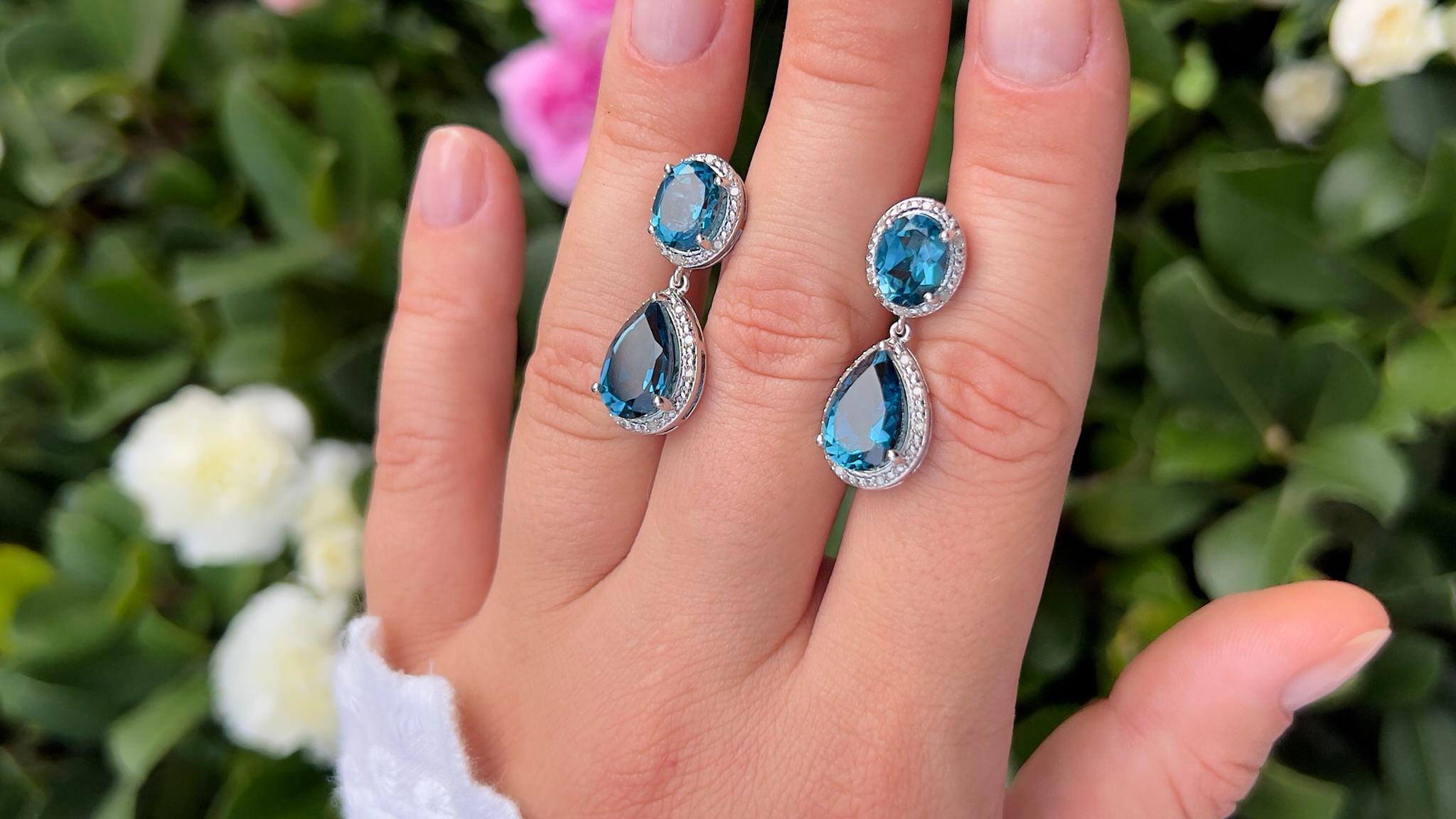 Mixed Cut London Blue Topaz Earrings Diamond Setting 11.45 Carats Total For Sale