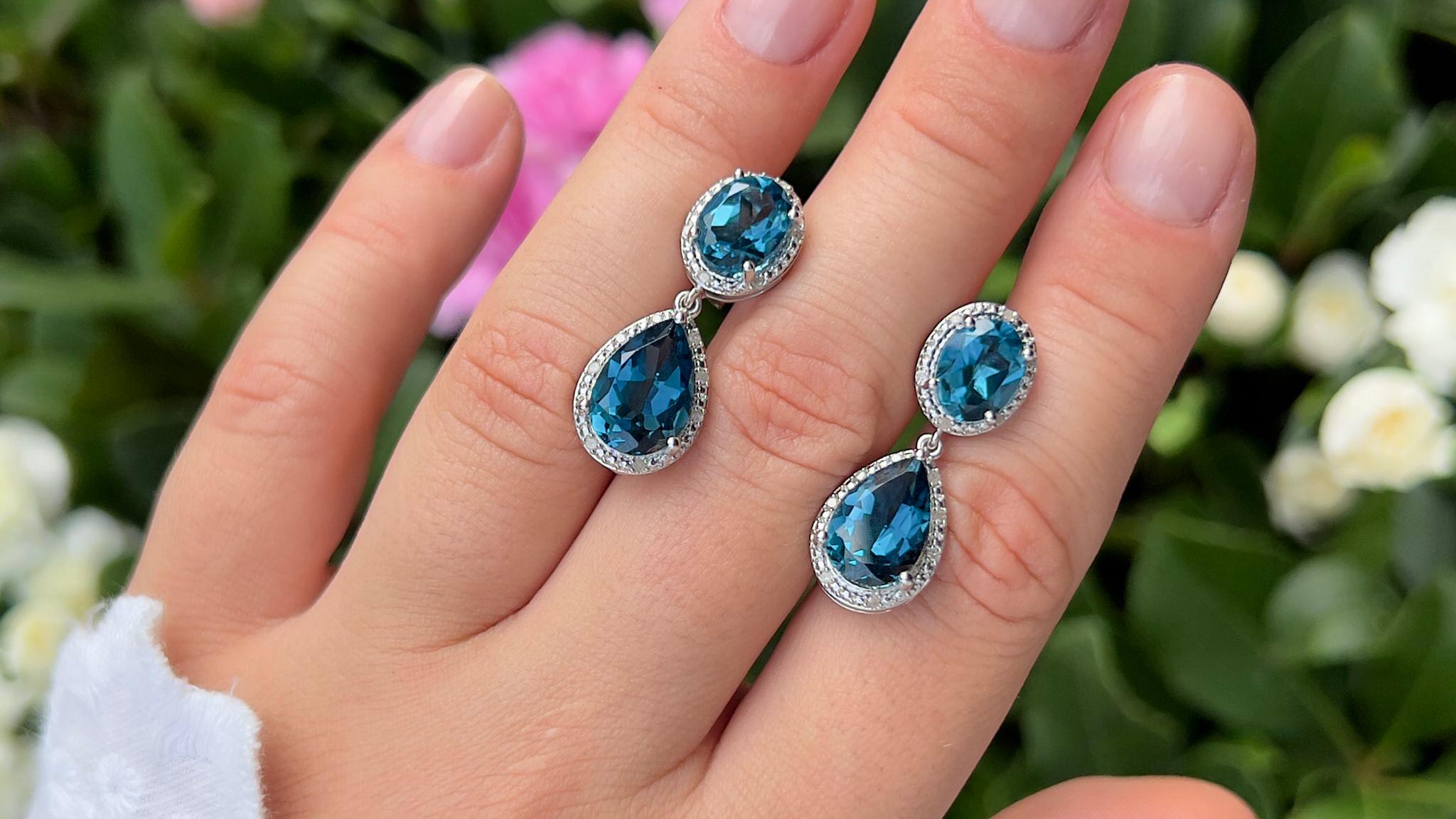London Blue Topaz Earrings Diamond Setting 11.45 Carats Total In Excellent Condition For Sale In Laguna Niguel, CA