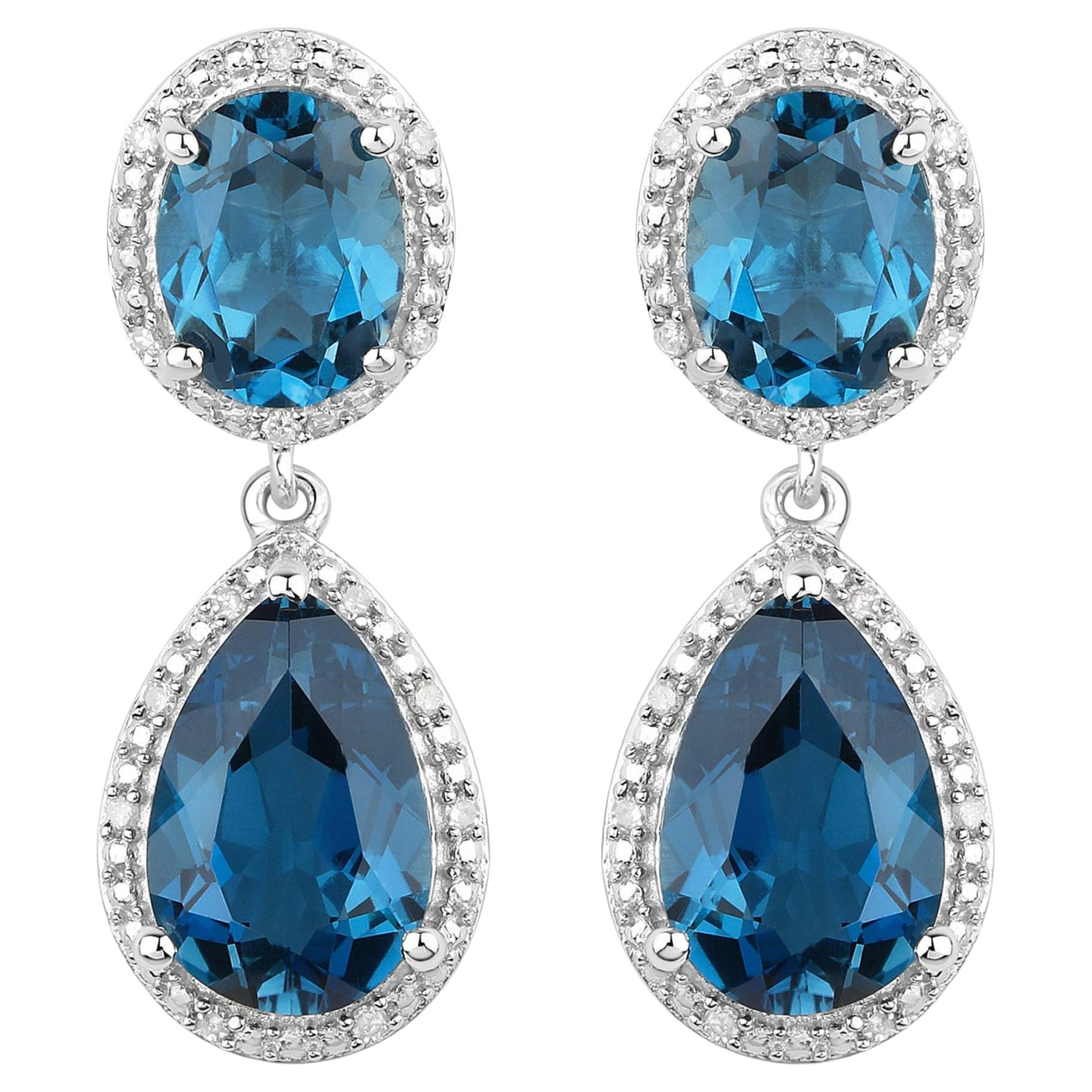 London Blue Topaz Earrings Diamond Setting 11.45 Carats Total For Sale