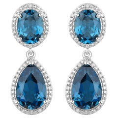 London Blue Topaz Earrings Diamond Setting 11.45 Carats Total
