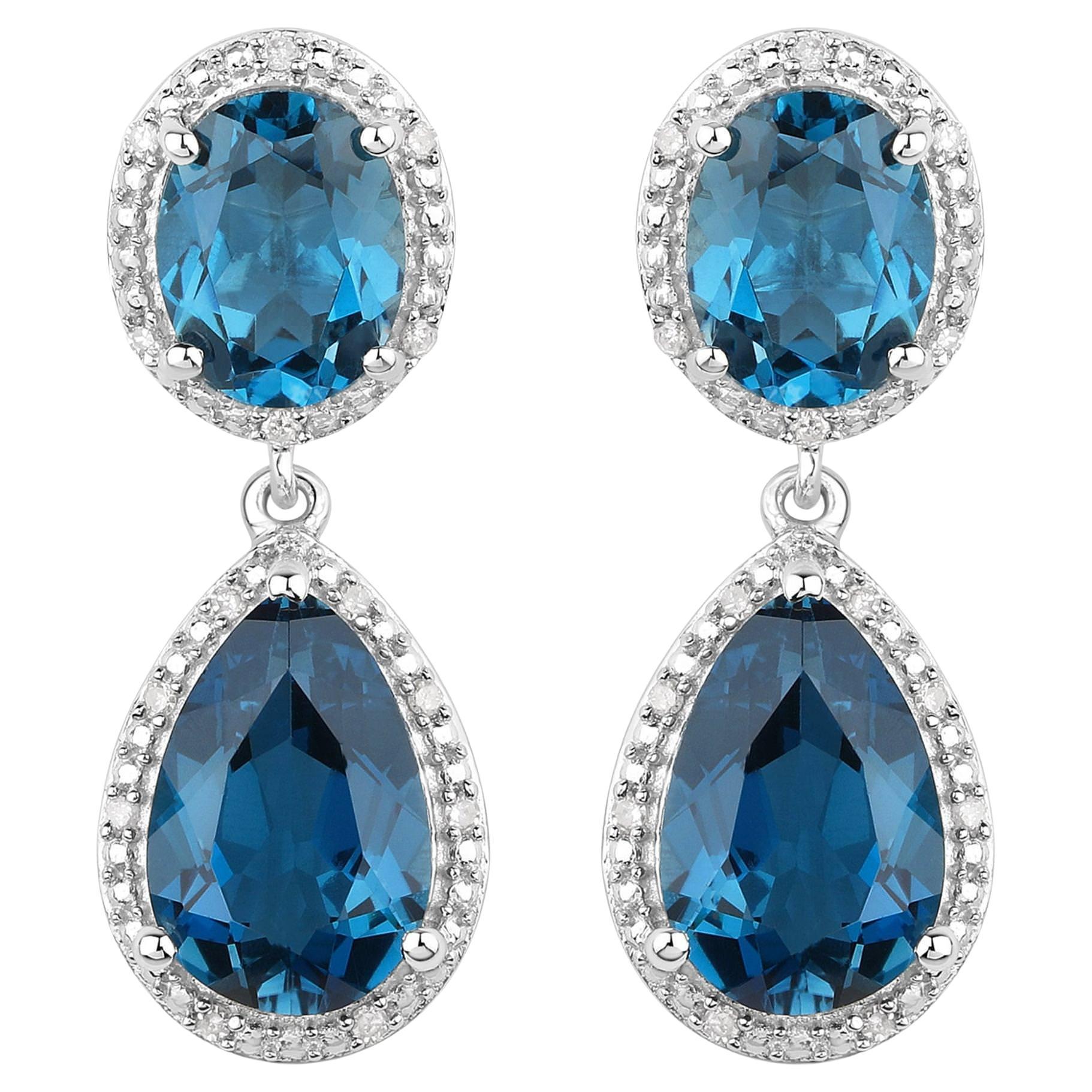 London Blue Topaz Earrings Diamond Setting 11.45 Carats Total For Sale