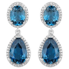 London Blue Topaz Earrings Diamond Setting 11.45 Carats Total