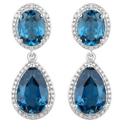 London Blue Topaz Earrings Diamond Setting 11.45 Carats Total
