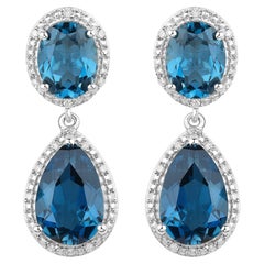 London Blue Topaz Earrings Diamond Setting 11.45 Carats Total