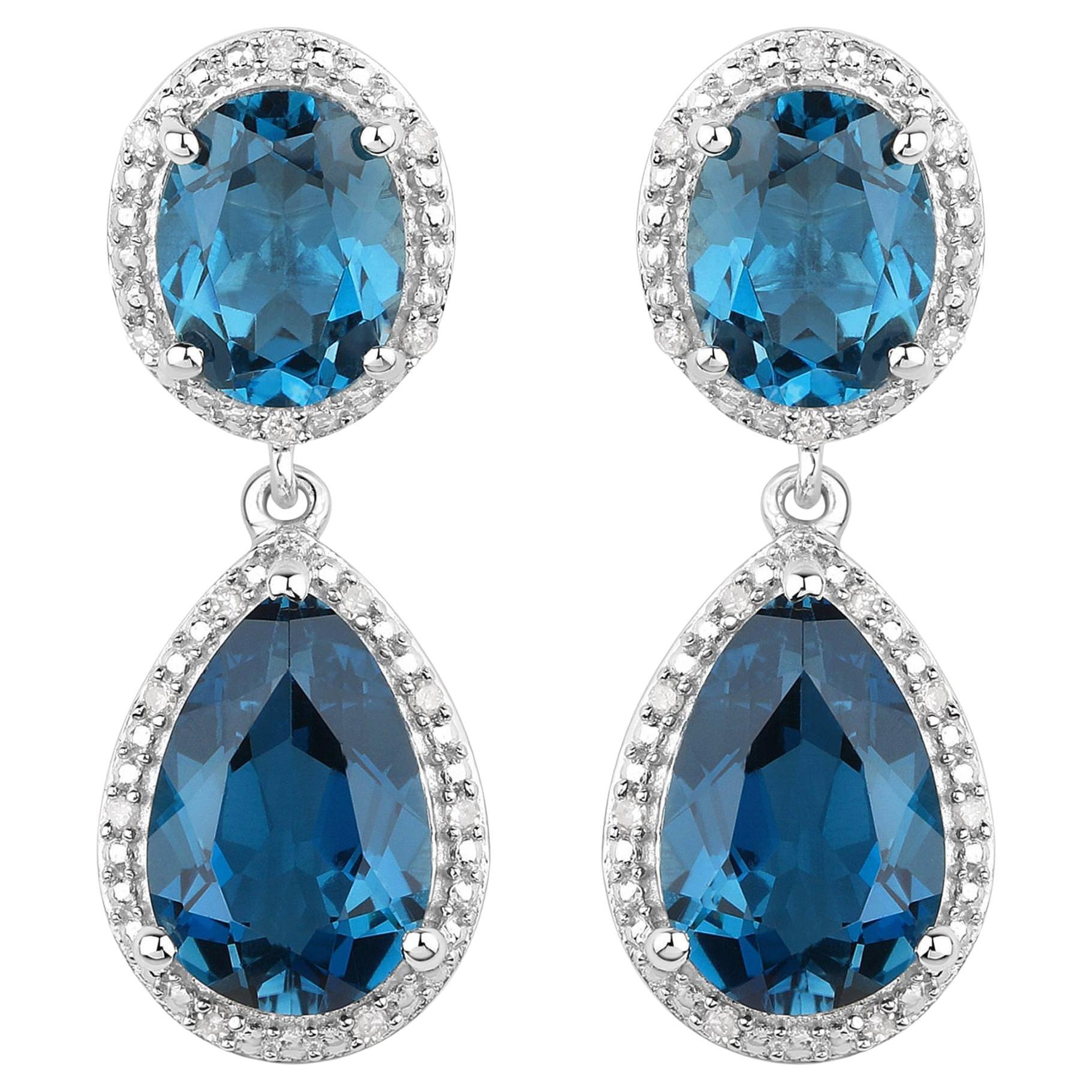 Boucles d'oreilles en topaze bleue de Londres serties de diamants de 11,45 carats au total