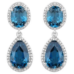 London Blue Topaz Earrings Diamond Setting 11.45 Carats Total