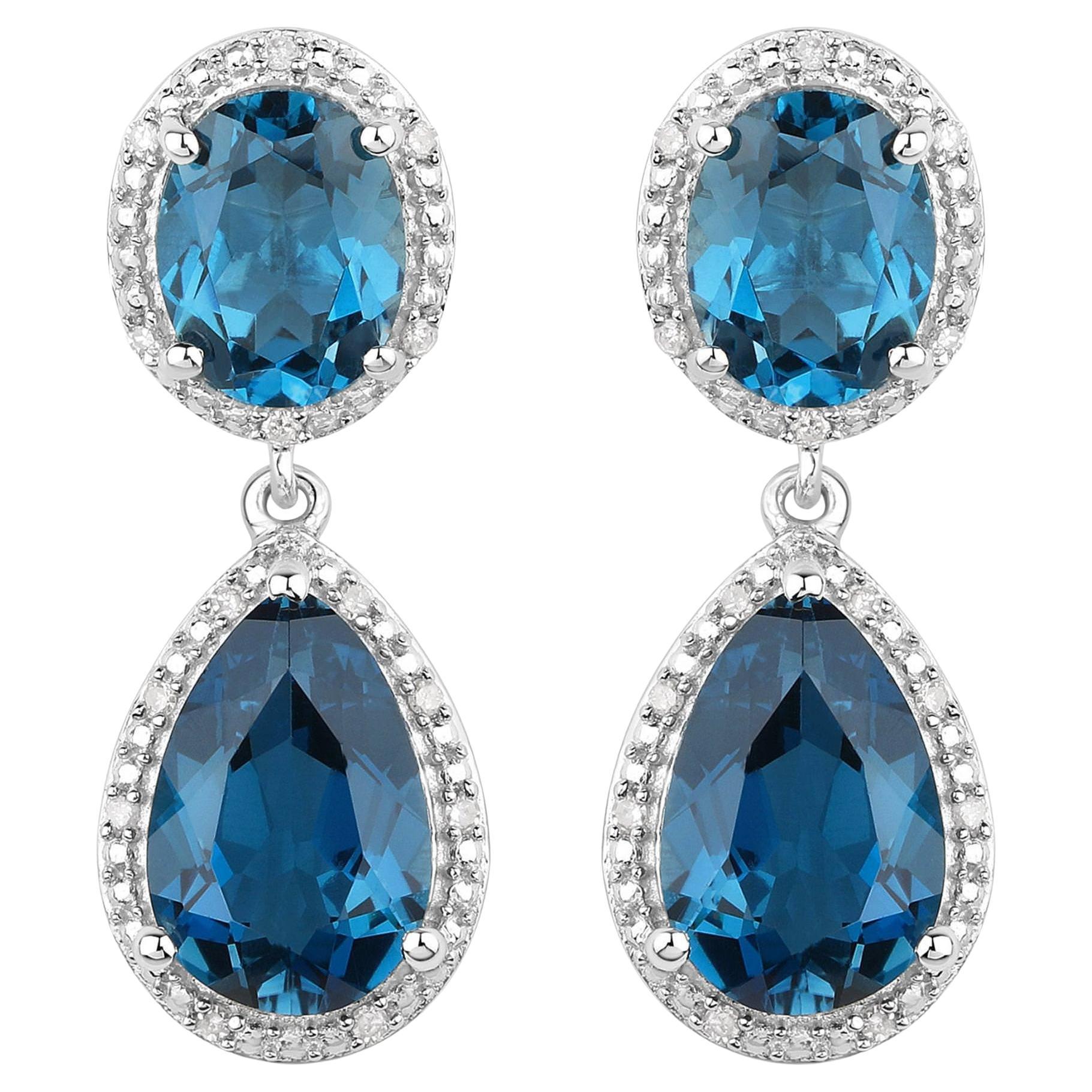 London Blue Topaz Earrings Diamond Setting 11.45 Carats Total