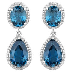 London Blue Topaz Earrings Diamond Setting 11.45 Carats Total