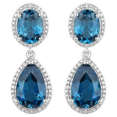 London Blue Topaz Earrings Diamond Setting 11.45 Carats Total