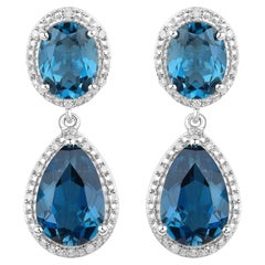 London Blue Topaz Earrings Diamond Setting 11.45 Carats Total