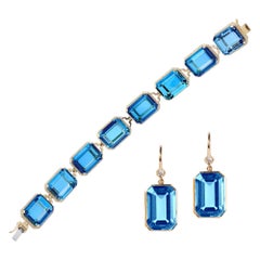 London Blue Topaz Emerald Cut Bracelet and Earrings with Diamonds