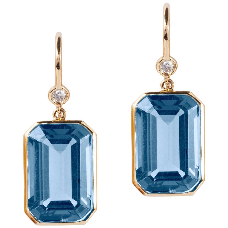 London Blue Topaz Emerald Cut Earrings with Diamond at 1stDibs