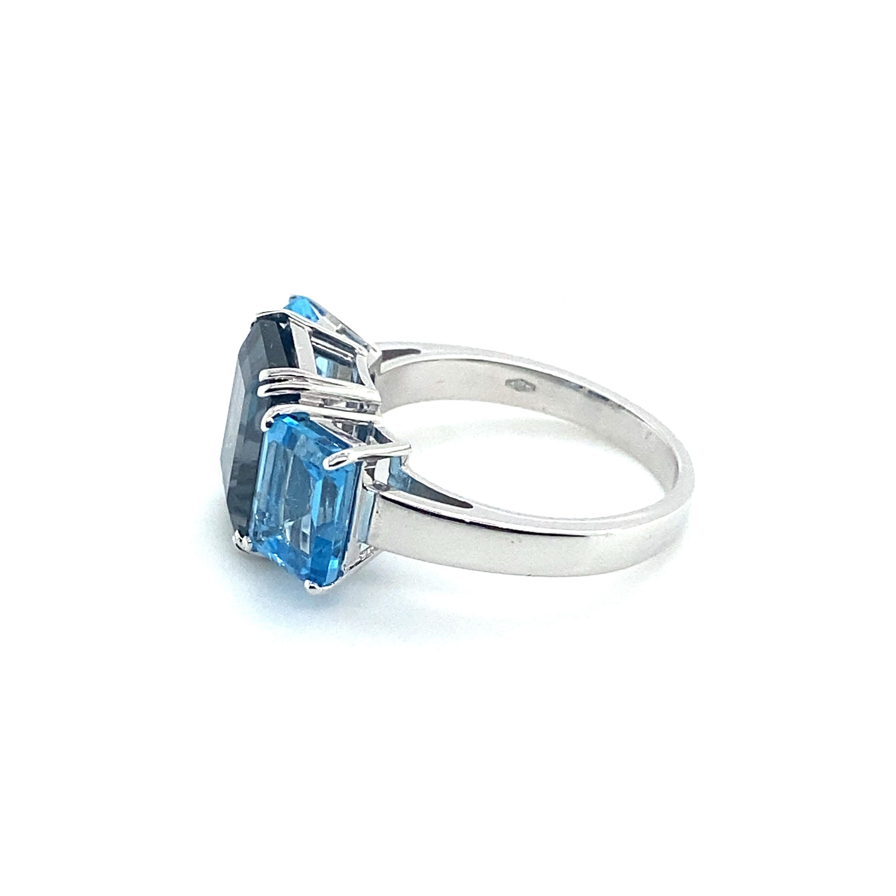 Art Deco London Blue Topaz Emerald Cut Gold 18 Carats Ring For Sale