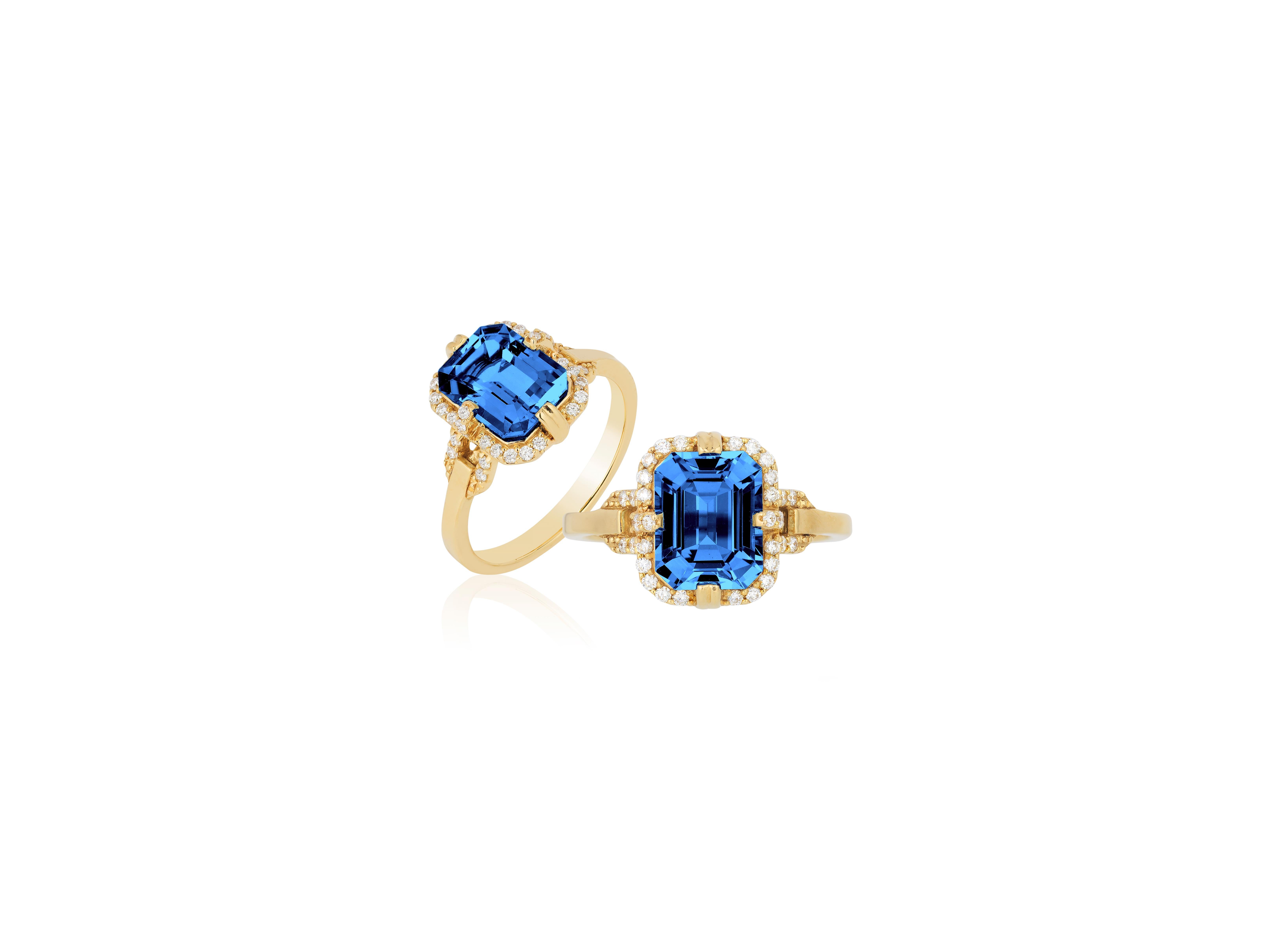 London Blue Topaz Emerald Cut Ring in 18K Yellow Gold with Diamonds, from 'Gossip' Collection. 

* Gemstone size: 9 x 7 mm
* Gemstone: 100% Earth Mined 
* Approx. gemstone Weight: 2.82 Carats

* 100% Natural Earth-Mined Diamonds
* Carat: Approx.: