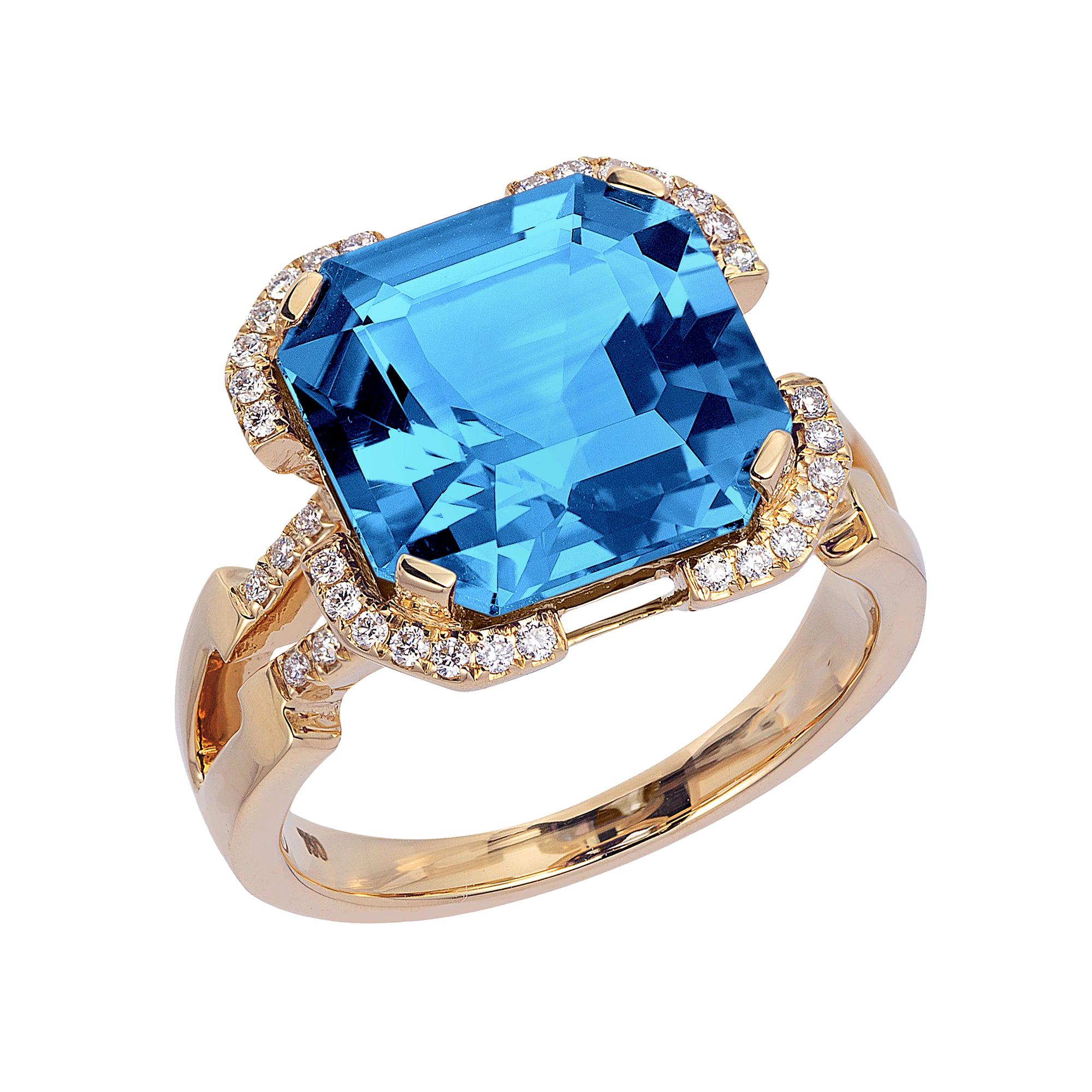 London Blue Topaz Emerald Cut Ring with Diamonds For Sale