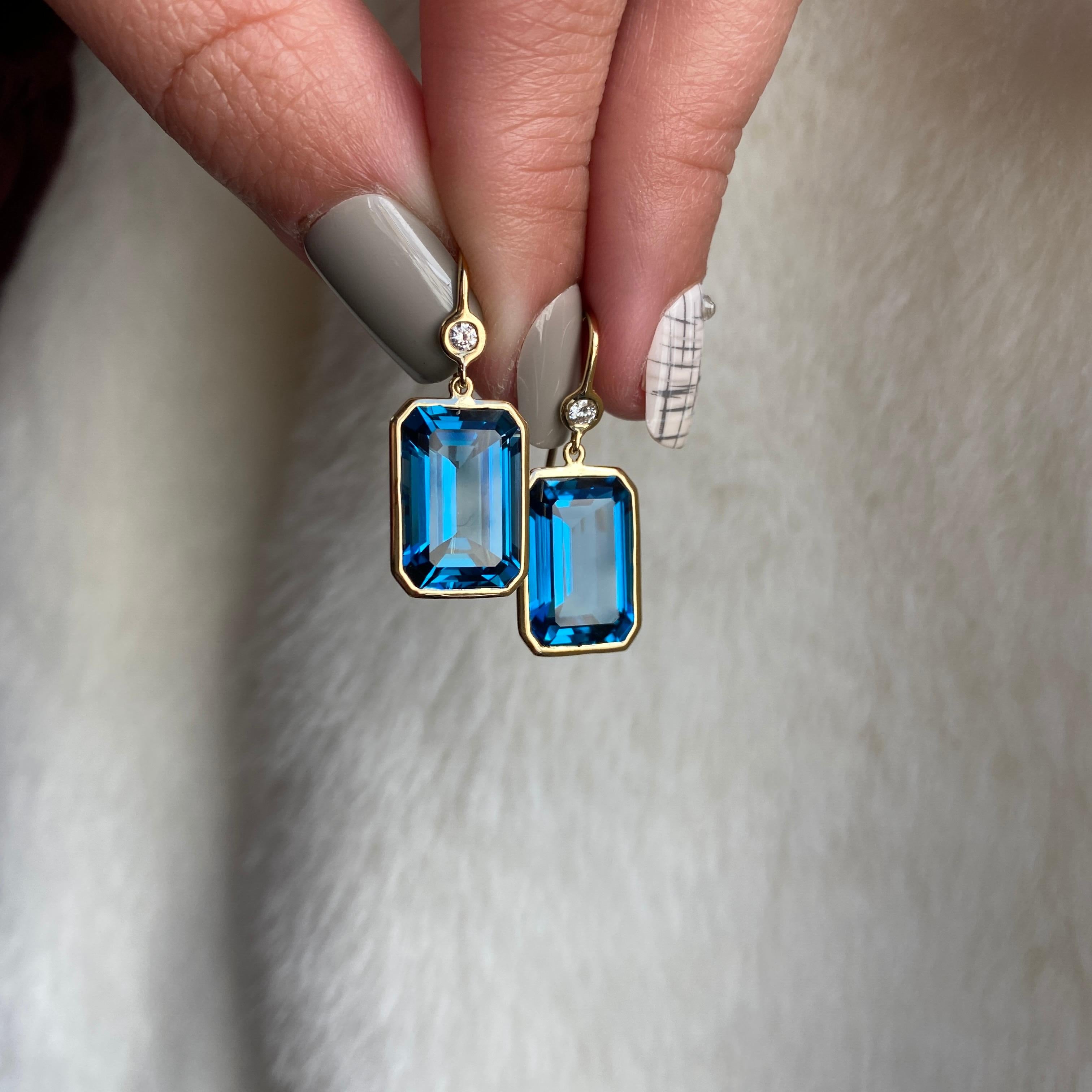 Contemporary London Blue Topaz Emerald Cut with Diamond Earrings  For Sale