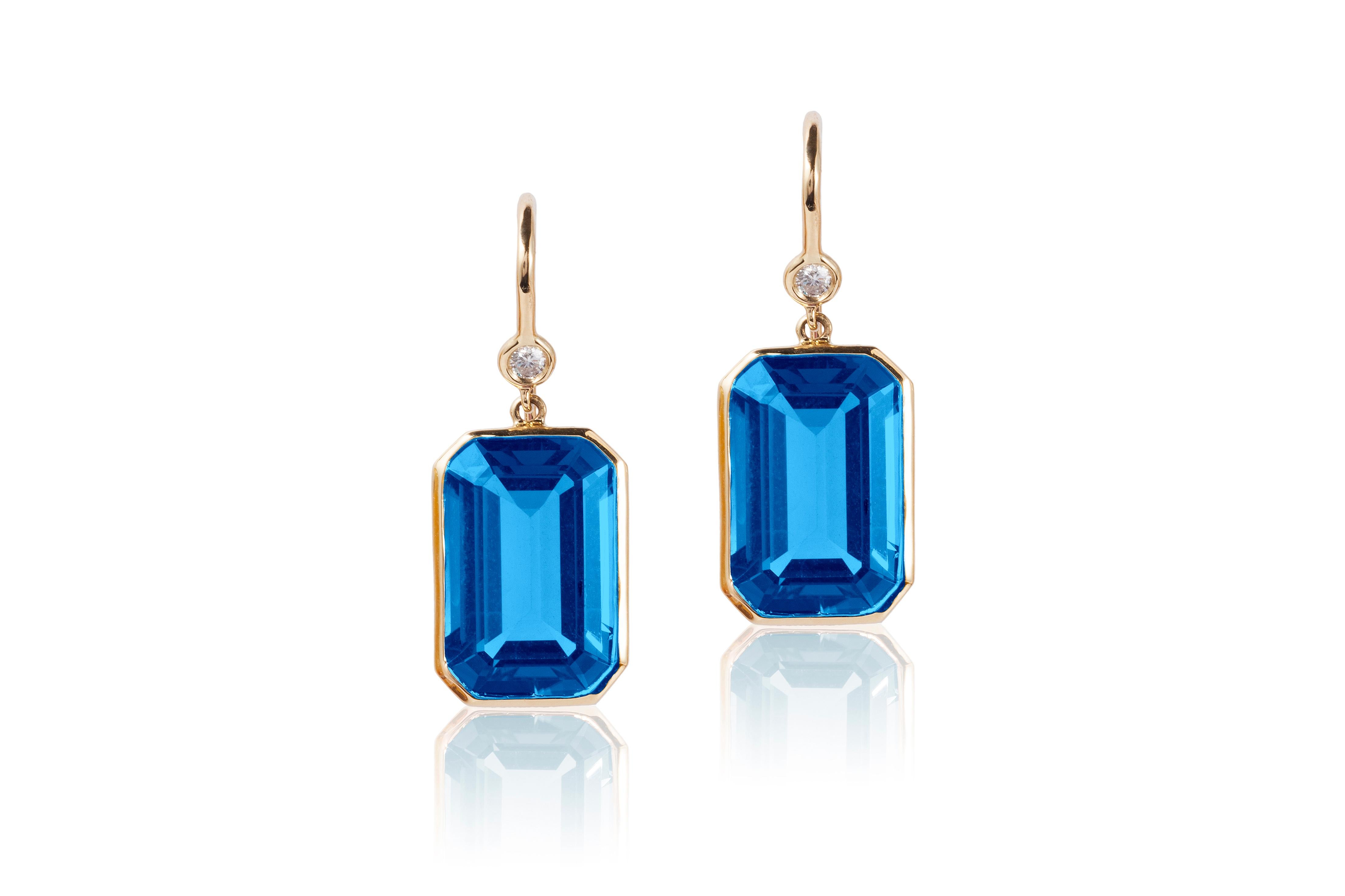 London Blue Topaz Emerald Cut with Diamond Earrings  In New Condition In New York, NY