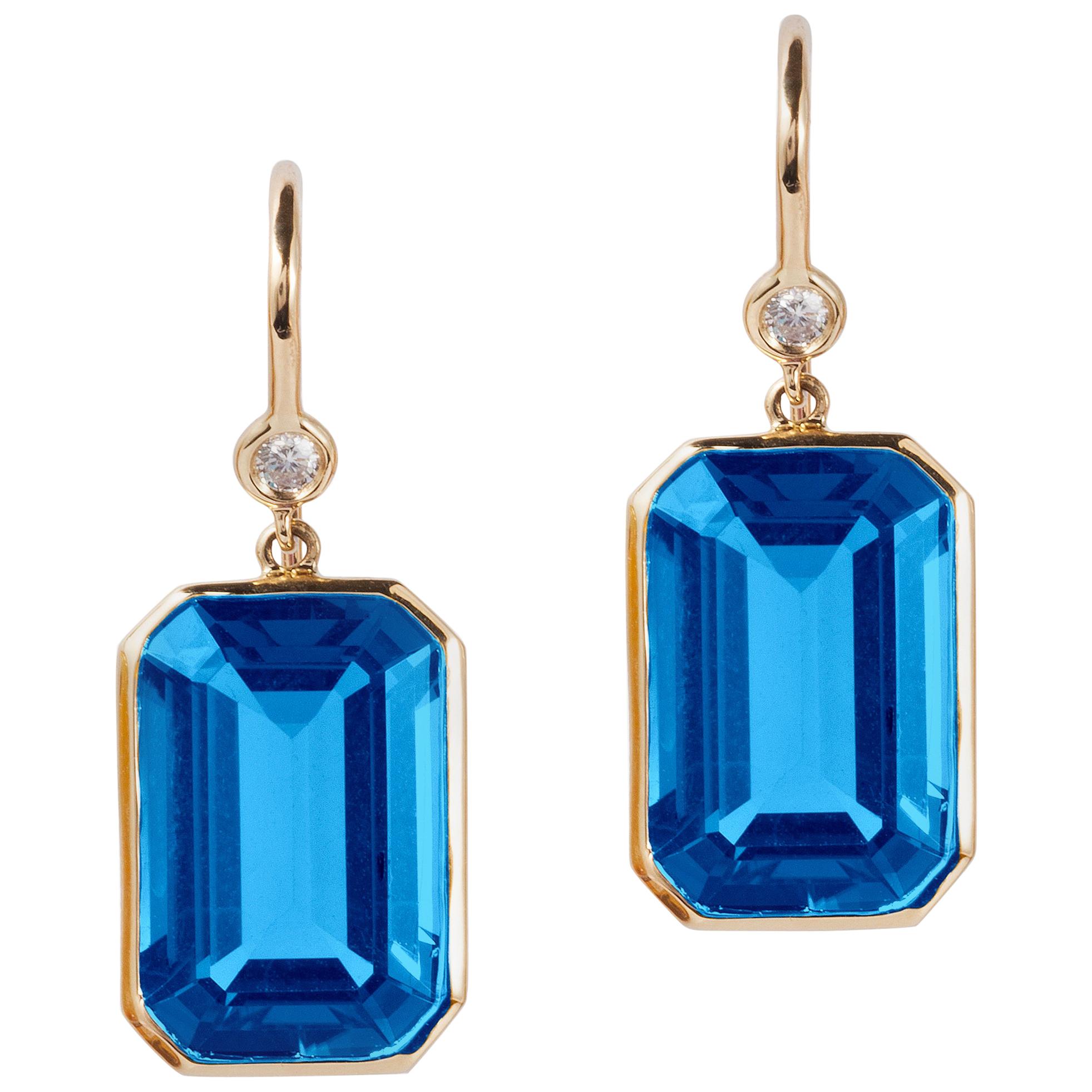 London Blue Topaz Emerald Cut with Diamond Earrings  For Sale