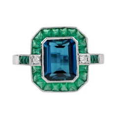 Londres Topacio Azul Esmeralda Diamante Estilo Art Decó Celebrar Anillo de Oro Blanco de 14K